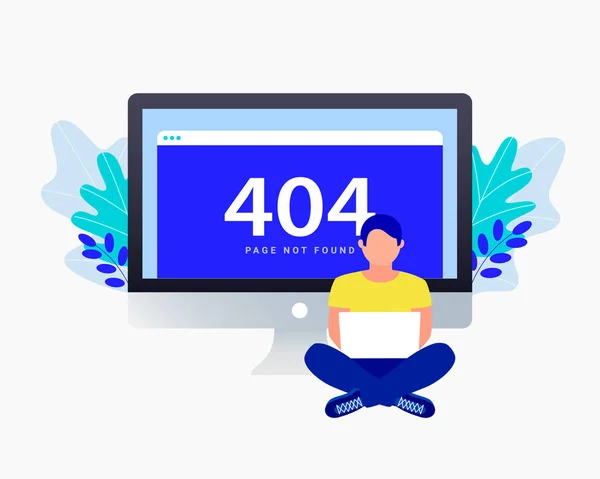 404-es hiba fogalmát. Az ember ül közelében laptop. — Stock Vector