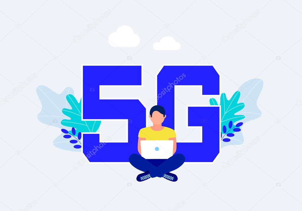 Fifth generation wireless 5g concept. Man with laptop sitting around the big letters 5G. Flat style. Trendy design. Vector illustration.