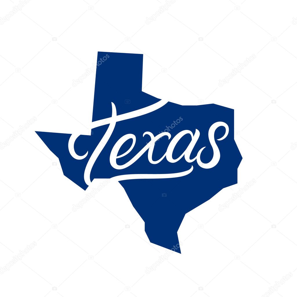 Texas hand written lettering logo, emblem, label with map. Print for tee, typography. USA Texas calligraphy design. Vector illustration.