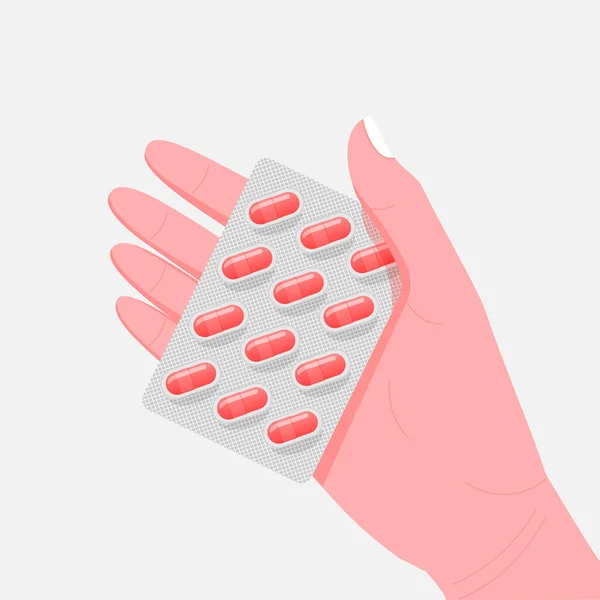 Concepto de farmacia. Pastillas y tabletas en la mano humana . — Vector de stock