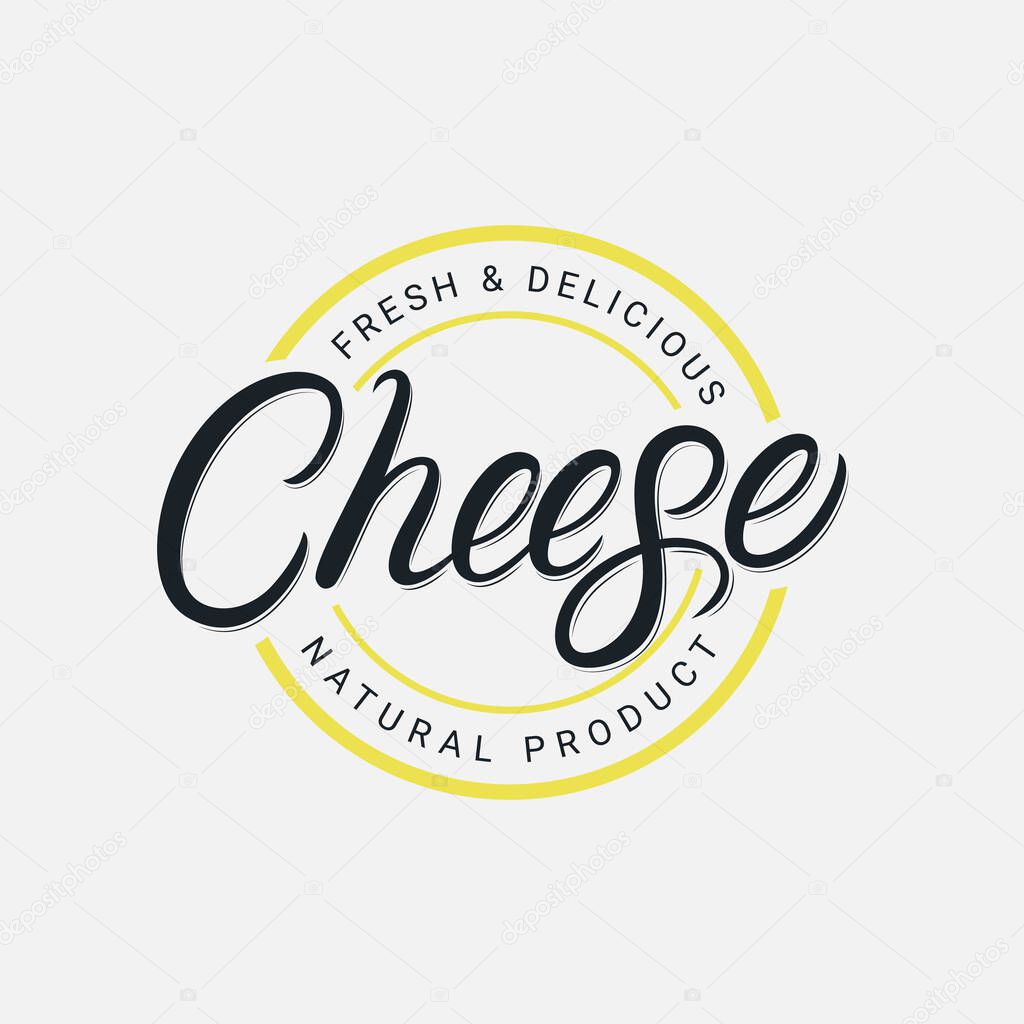 Cheese hand written lettering logo, label, badge, sign, emblem template design. Template for cheese shop, sticker, print, business works. Vintage retro style. Vector illustration