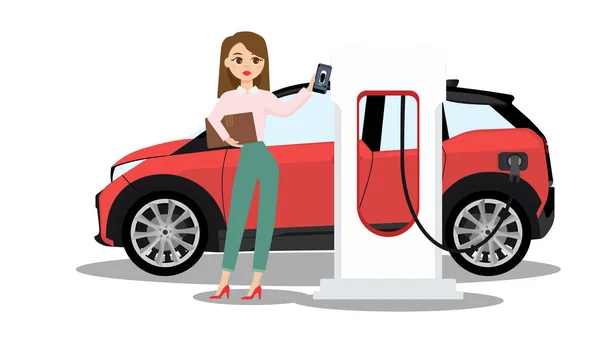 Mujer con coche eléctrico — Archivo Imágenes Vectoriales