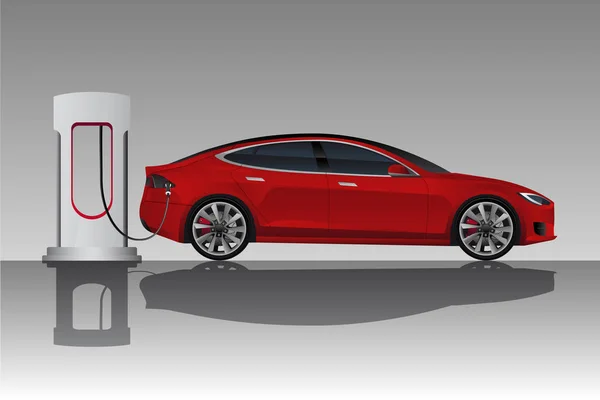 Coche eléctrico con estación de carga — Vector de stock