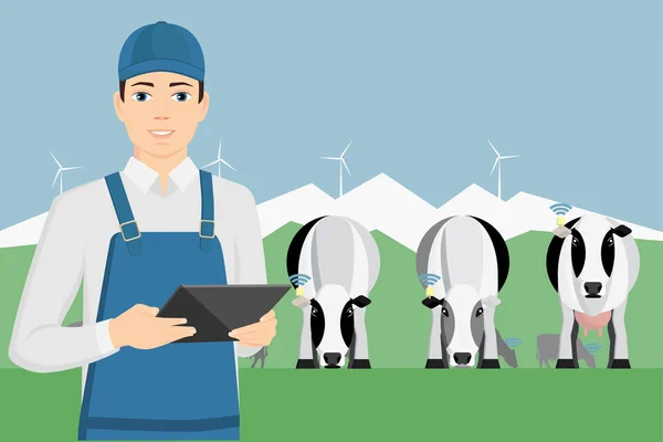 Αγρότης με ψηφιακή δισκίο σε μια βόσκηση βοοειδών. — Διανυσματικό Αρχείο