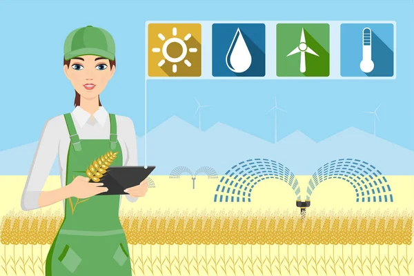 Agricultrice avec tablette dans un champ de blé — Image vectorielle