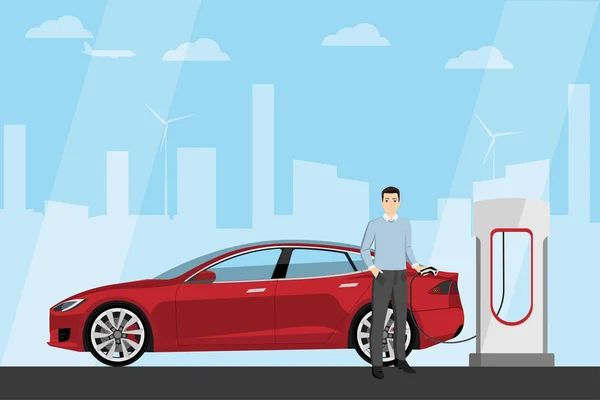 Hombre con coche eléctrico — Vector de stock