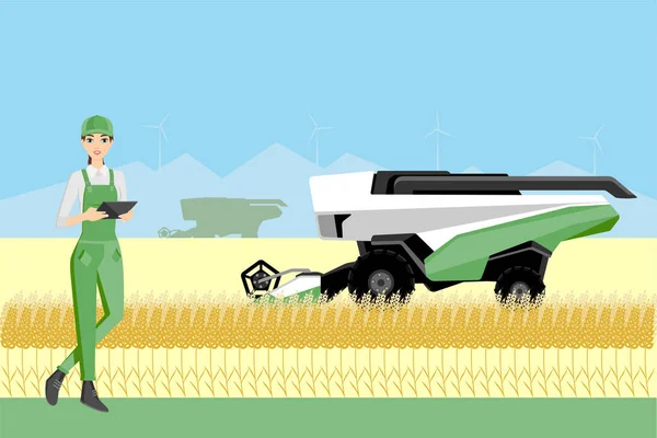 Αγρότης ελέγχει μια αυτόνομη θεριζοαλωνιστική μηχανή — Διανυσματικό Αρχείο