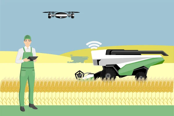 L'agricoltore controlla un raccoglitore autonomo — Vettoriale Stock