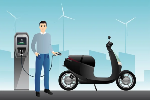 L'homme charge un scooter électrique — Image vectorielle