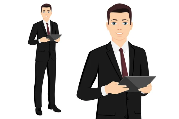 Un hombre de negocios con una tableta digital — Vector de stock