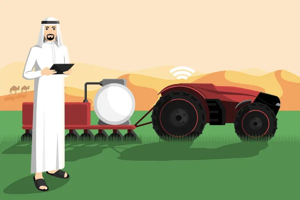 Arabischer Bauer steuert autonomen Traktor. — Stockvektor
