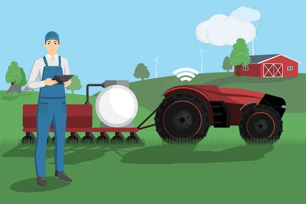 Farmer controls a autonomous tractor — Stock Vector