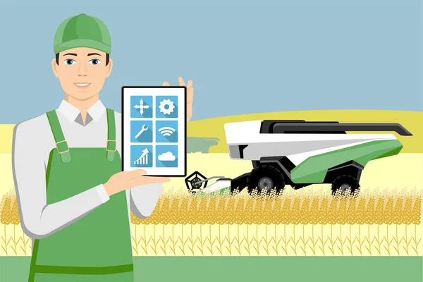 El agricultor controla una cosechadora autónoma — Archivo Imágenes Vectoriales