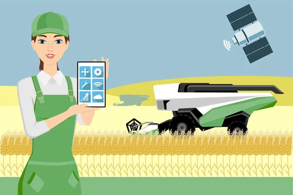 Woman farmer controls an autonomous harvester — Stock Vector