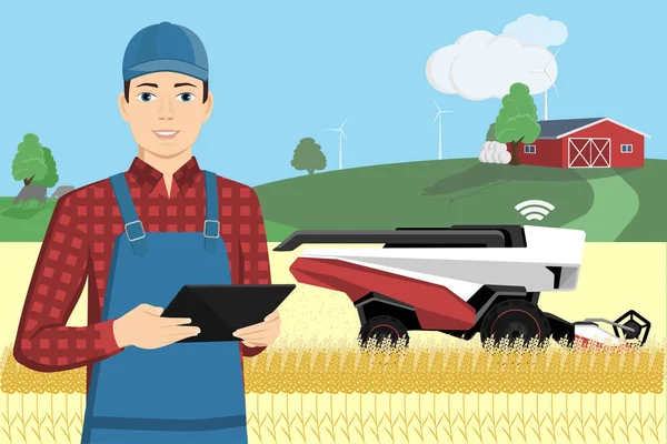 Farmer controls autonomous harvester — Stock Vector
