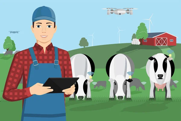 Agricultor Com Tablet Digital Drone Gado Pastando Internet Das Coisas — Vetor de Stock