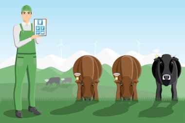 Asian farmer with digital tablet on a pasture.  clipart