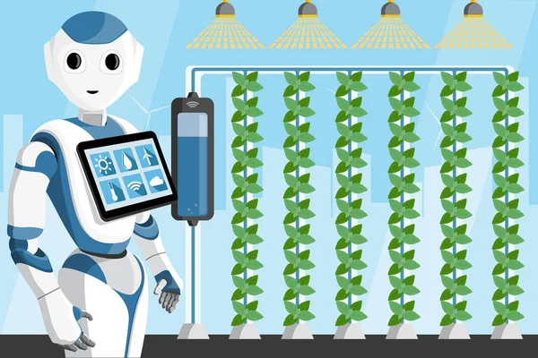 Robot con tableta en un invernadero . — Vector de stock