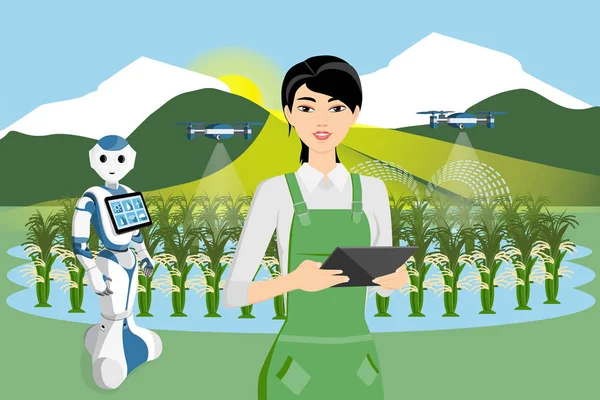 Agriculteur et drone arrosent les légumes — Image vectorielle