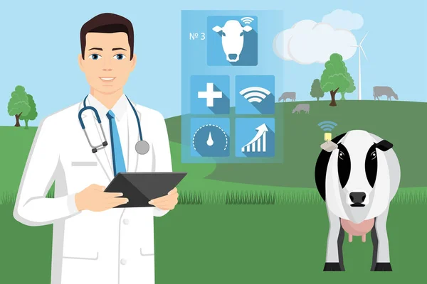 Veterinarian with digital tablet on a cow farm. — Stock Vector