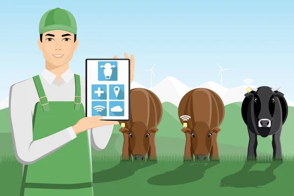 Asian farmer with digital tablet on a pasture. — Stock Vector