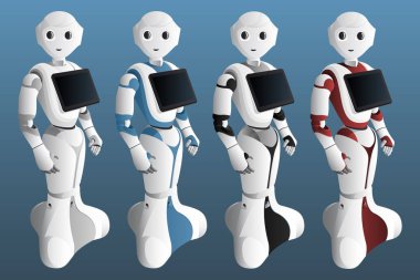 Set of realistic robots with digital tablet.  clipart