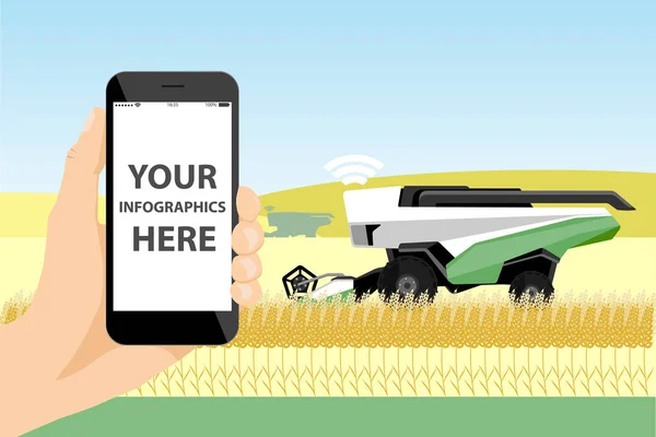 Un agricultor con teléfono controla una cosechadora autónoma — Archivo Imágenes Vectoriales