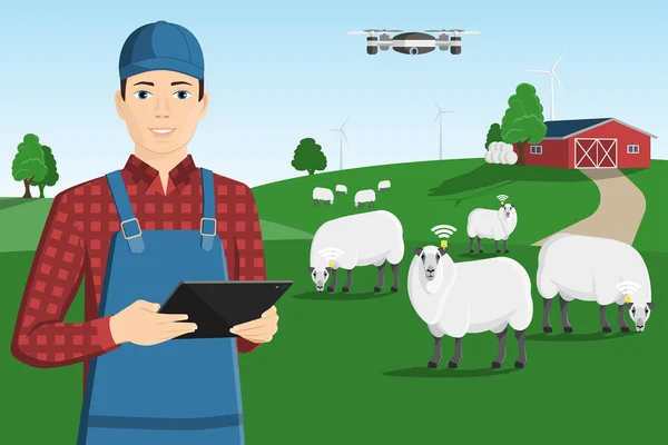 Ein Bauer Mit Einem Computer Tablet Weidet Eine Schafherde Auf — Stockvektor