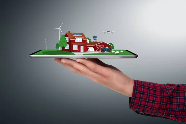 Bauer hält Tablet mit Smart Farm in der Hand — Stockfoto