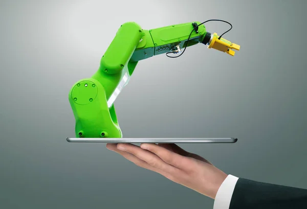 Man Holding Digital Tablet Handling Robot Robotic Arm — Stock Photo, Image