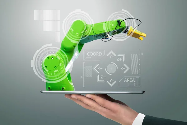 Mann Hält Ein Digitales Tablet Mit Handhabungsroboter Mit Roboterarm — Stockfoto