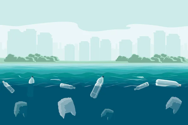 Plastflaskor Och Påsar Havet Förorening Världshavs Plastavfall Vektor Illustration — Stock vektor