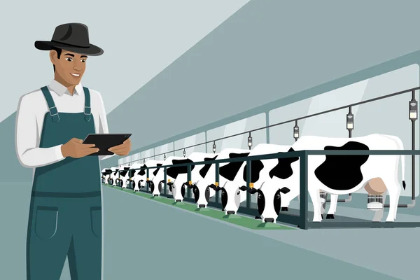酪農場でタブレットを持つ農家 自動搾乳とスマート農業 ベクトルイラスト Eps — ストックベクタ