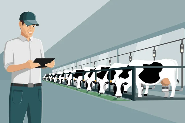 Landwirt Mit Tablet Auf Einem Milchviehbetrieb Automatisiertes Melken Und Intelligente — Stockvektor