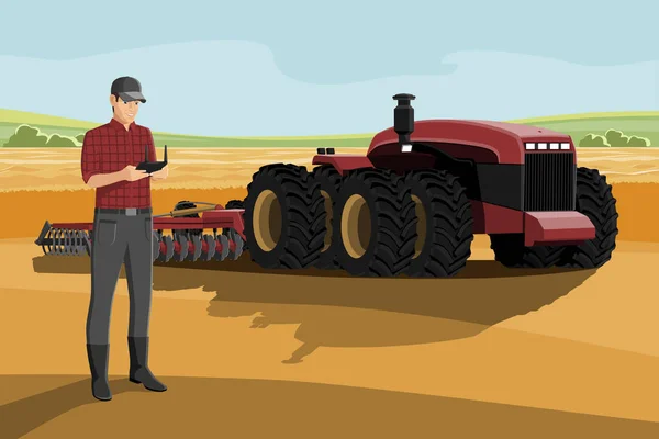 農家はスマートファームで自律トラクターを制御します ベクトルイラスト Eps10 — ストックベクタ