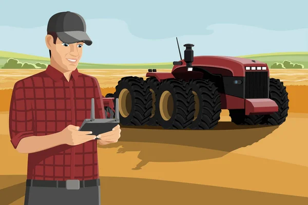 Agricultor Controla Tractor Autónomo Una Granja Inteligente Ilustración Vectorial Eps10 — Archivo Imágenes Vectoriales