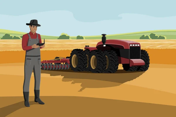 Farmer Controls Autonomous Tractor Smart Farm Vector Illustration Eps10 — Stock Vector