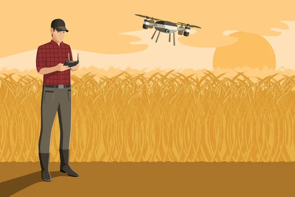 Farmer Control Drone Wheat Field Digital Transformation Agriculture Smart Farming — Stock Vector