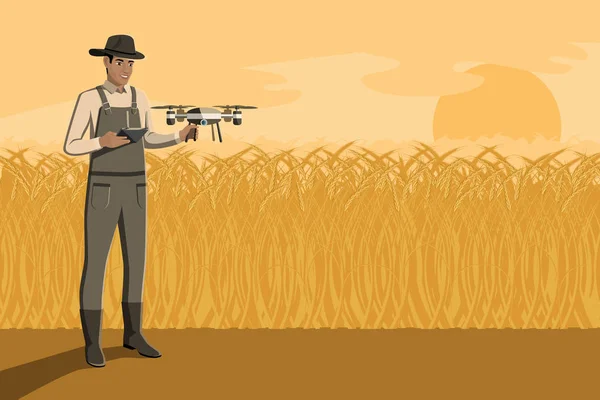 Фермер Контролює Безпілотник Пшеничному Полі Цифрові Трансформації Сільському Господарстві Розумному — стоковий вектор