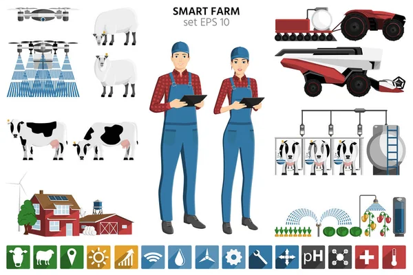 智能农业套装 现代农民与数字平板电脑 自主收割机 拖拉机和无人机 用于设计和信息图表的元素 矢量插图 Eps — 图库矢量图片