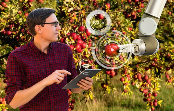 Farmer Controlla Braccio Robotico Con Una Tavoletta Agricoltura Intelligente Trasformazione — Foto Stock
