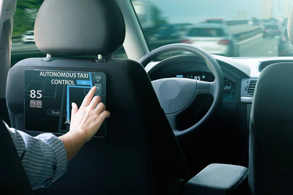 Passenger Sitting Backseat Selects Route Autonomous Taxi Rides Highway — Stock Photo, Image