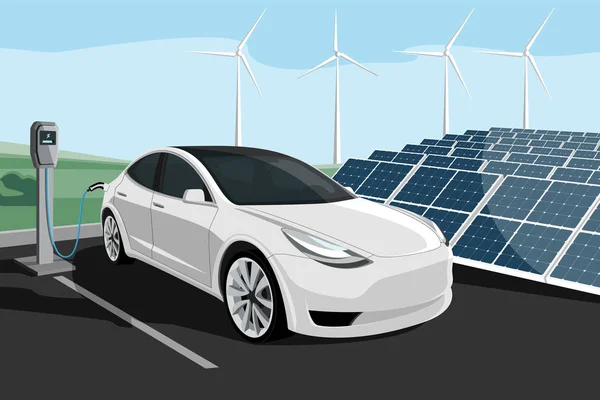 电动车 带有太阳能电池板和风力涡轮机背景的充电站 矢量插图 Eps — 图库矢量图片