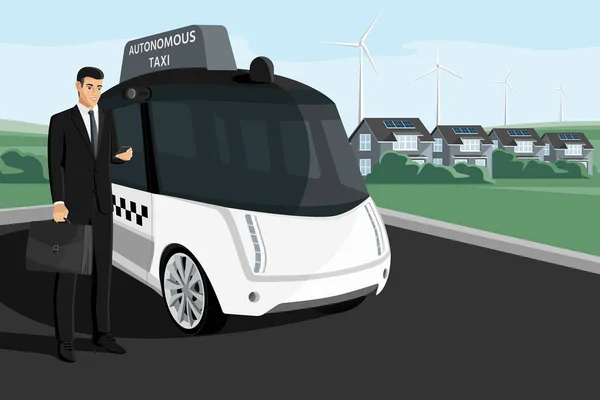 Homme Affaires Avec Téléphone Intelligent Qui Commande Taxi Autonome Illustration — Image vectorielle