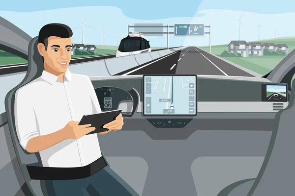 자동차가 고속도로에서 주행할 디지털 태블릿으로 좌석에 일러스트레이션 — 스톡 벡터