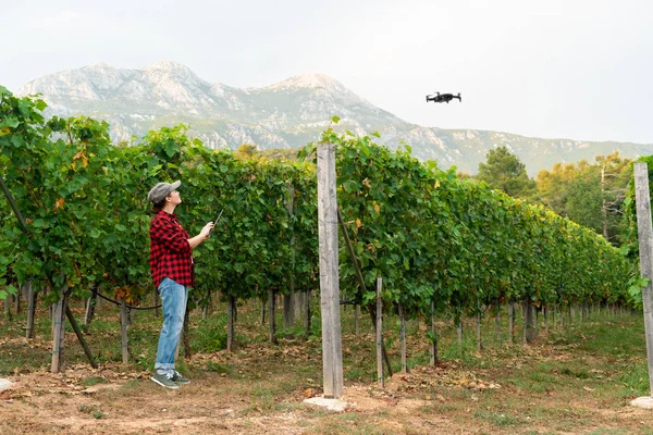 Kobieta Rolnik Kontroluje Drone Tabletem Inteligentne Rolnictwo Rolnictwo — Zdjęcie stockowe