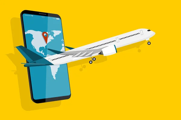 Aviones Fondo Teléfono Con Mapa Del Mundo Pantalla Concepto Viaje — Vector de stock