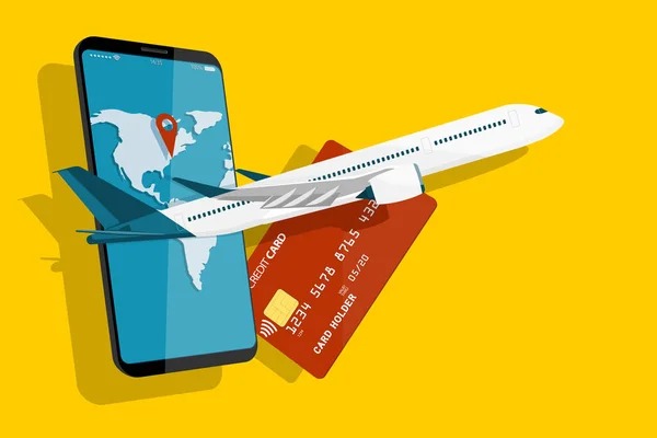 Flygplan Bakgrund Telefon Med Världens Karta Skärmen Och Kreditkort Resekoncept — Stock vektor