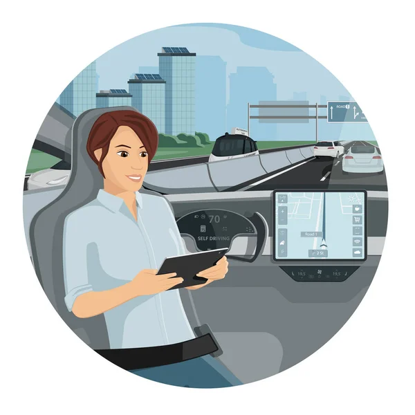 Passenger Sitting Seat Phone Autonomous Self Driving Car Rides Highway — Stock Vector