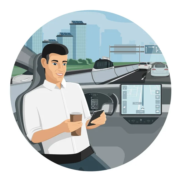 Passageiro Sentado Assento Com Telefone Quando Autônomo Auto Condução Carro — Vetor de Stock